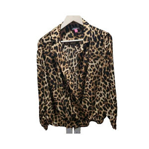 Vince Camuto Blouse Faux Wrap Top Brown Black Leopard Print Lined Medium NWT